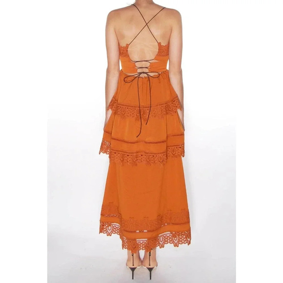 Self-Portrait Ivy Lace Trim Open-Back Midi Dress Burnt Orange  Size 8 - Picture 6 of 11